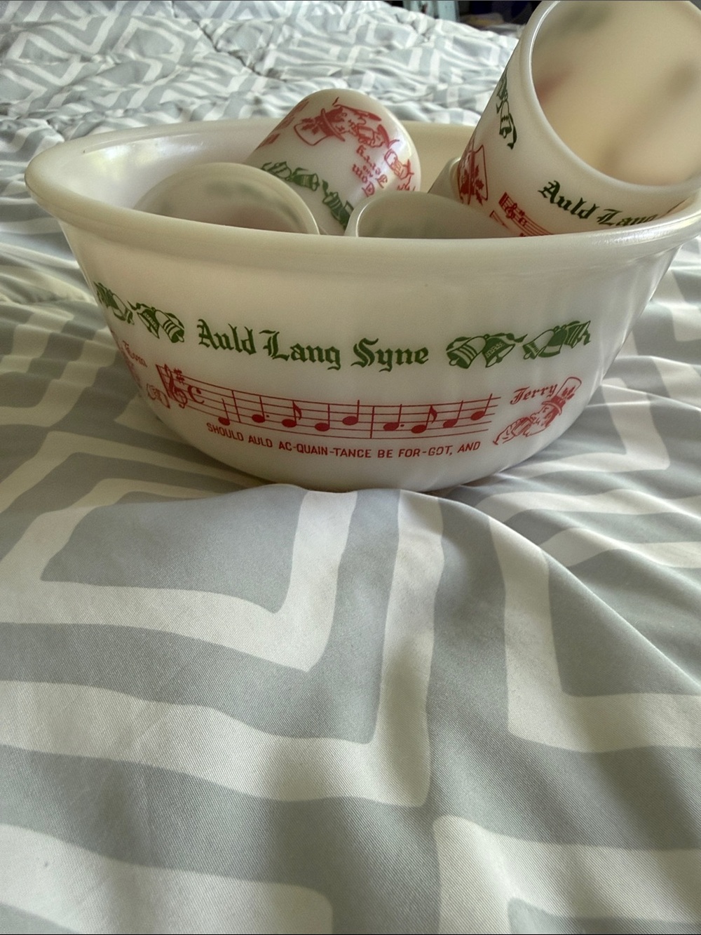 Auld Lang Syne Vintage White Milk Glass Holiday Bowl with Red & Green Print